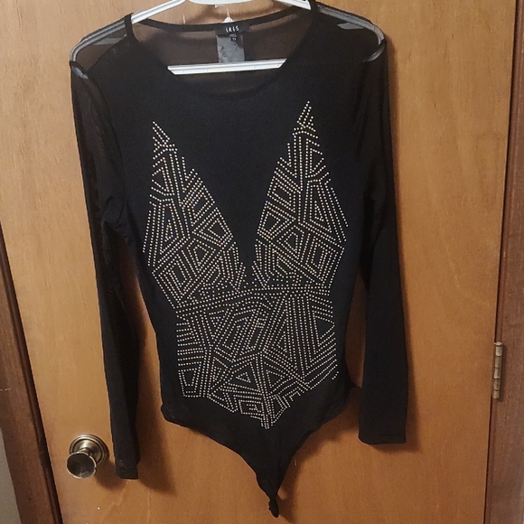 Iris Basic Tops - Nwot Elegant Black Studded Bodysuit. Size Large
